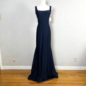 CYNTHIA & SAHAR CS113 Luxe Satin‎ Square Neck Dress Midnight Navy Blue Gown Sz L